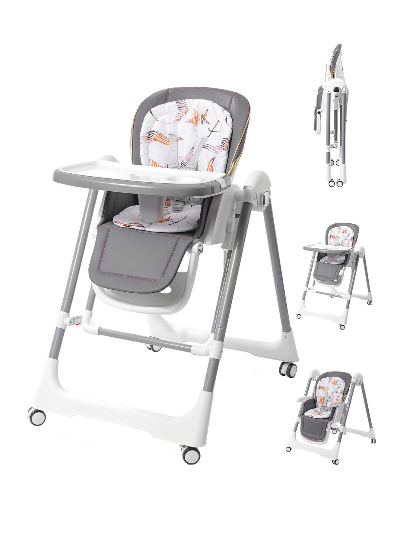 Baby High Chair | 5-Level Adjustable Foldable High Chair with Wheels & Double Trays | 4-Position Reclining Seat & 3-Stage Footrest | Safe Feeding Chair for Infants 6M-3 Years