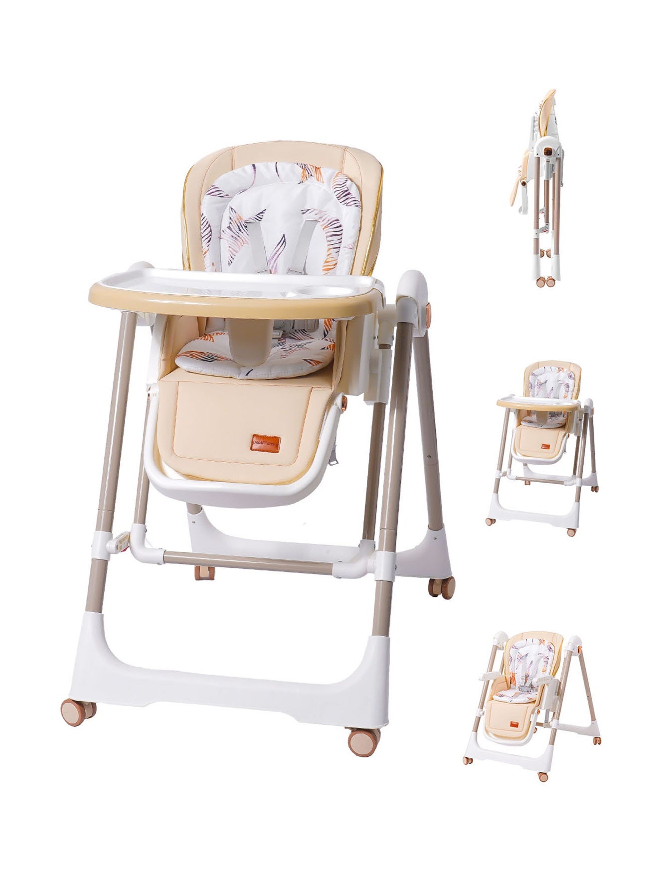 Baby High Chair | 5-Level Adjustable Foldable High Chair with Wheels & Double Trays | 4-Position Reclining Seat & 3-Stage Footrest | Safe Feeding Chair for Infants 6M-3 Years