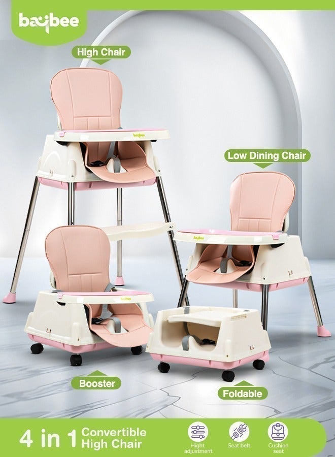 4 In 1 Baby Adjustable High Chair With Footrest, Tray And Belt For 6 Months to 3 Years, Pink