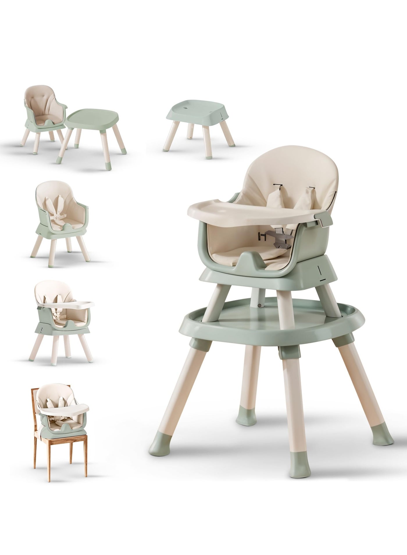 6 in 1 Convertible Baby High Chair for Kids, Baby Feeding with 2 Adjustable Heights, 5 Point Safety Belt And Tray, Kids High Chair for Baby 1 to 5 Years Green