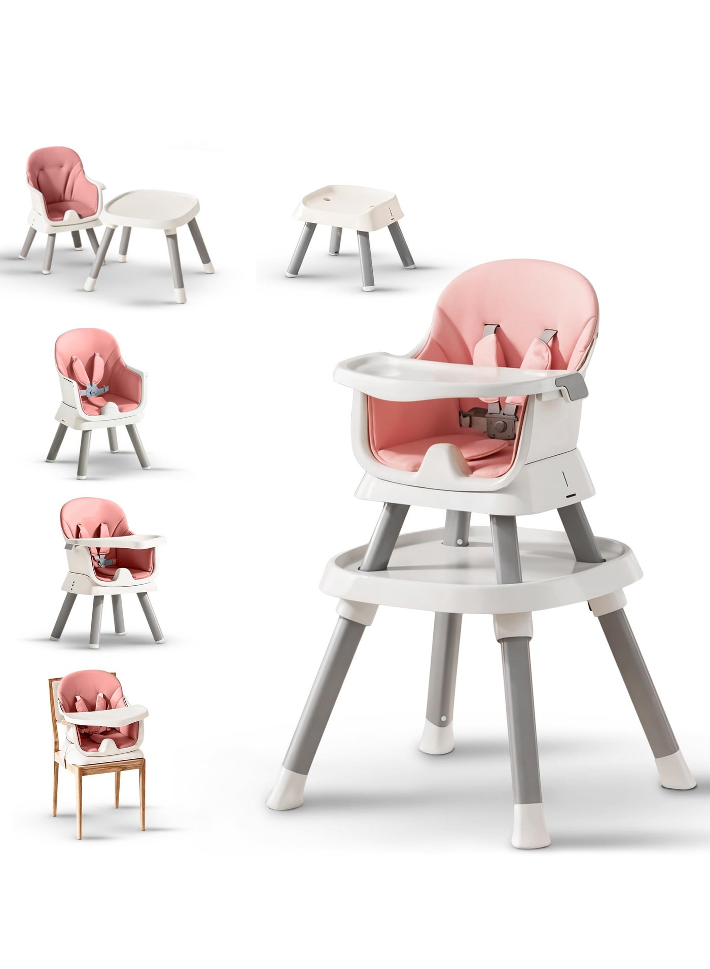 Baybee 6 in 1 Convertible Baby High Chair for Kids, Baby Feeding with 2 Adjustable Heights, 5 Point Safety Belt & Tray | Kids Study Table & Chair | Kids High Chair for Baby 1 to 5 Years Pink