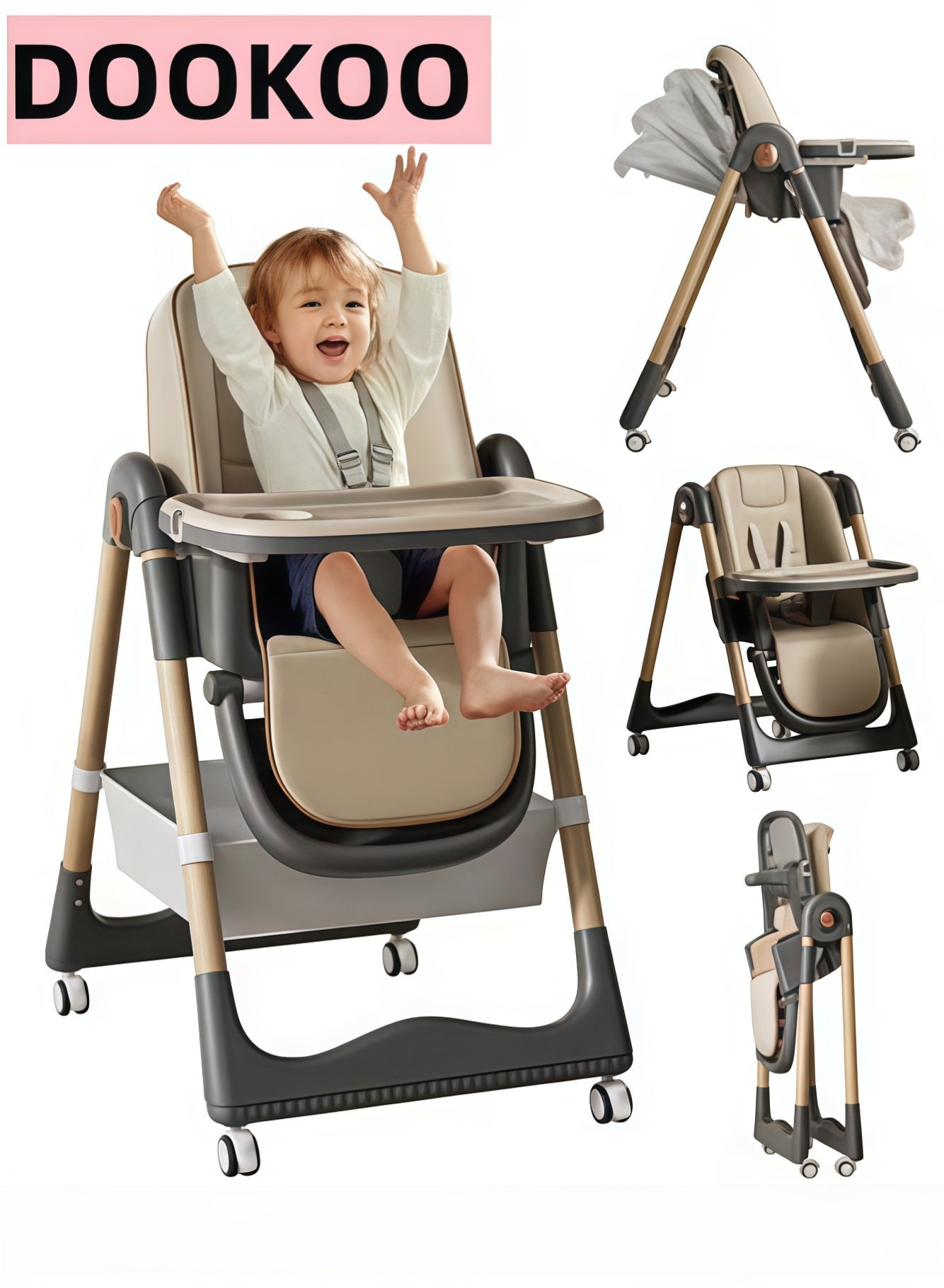 Baby High Chair, Foldable Children Dining Chairs for Eating With Wheels, Multifunctional Toddler Feeding Chair with Double Removable Tray, Adjustable Back and Footrest, Storage Pocket