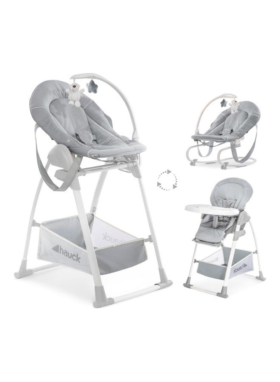 Hauck Sit N Relax 3-in-1 Convertible High Chair – Adjustable Baby Feeding Chair & Rocker with Reclining Backrest, Foldable, Safety Harness – Stretch Grey