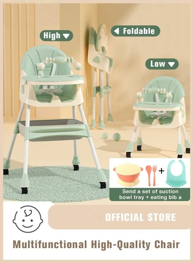 Baby High Chair, Foldable Baby Dining High Chairs With 4 Wheels, Dining Booster Seat With Removable Tray & Adjustable Backrest and Height,For 0-6 Years Babies and Toddlers (Green)